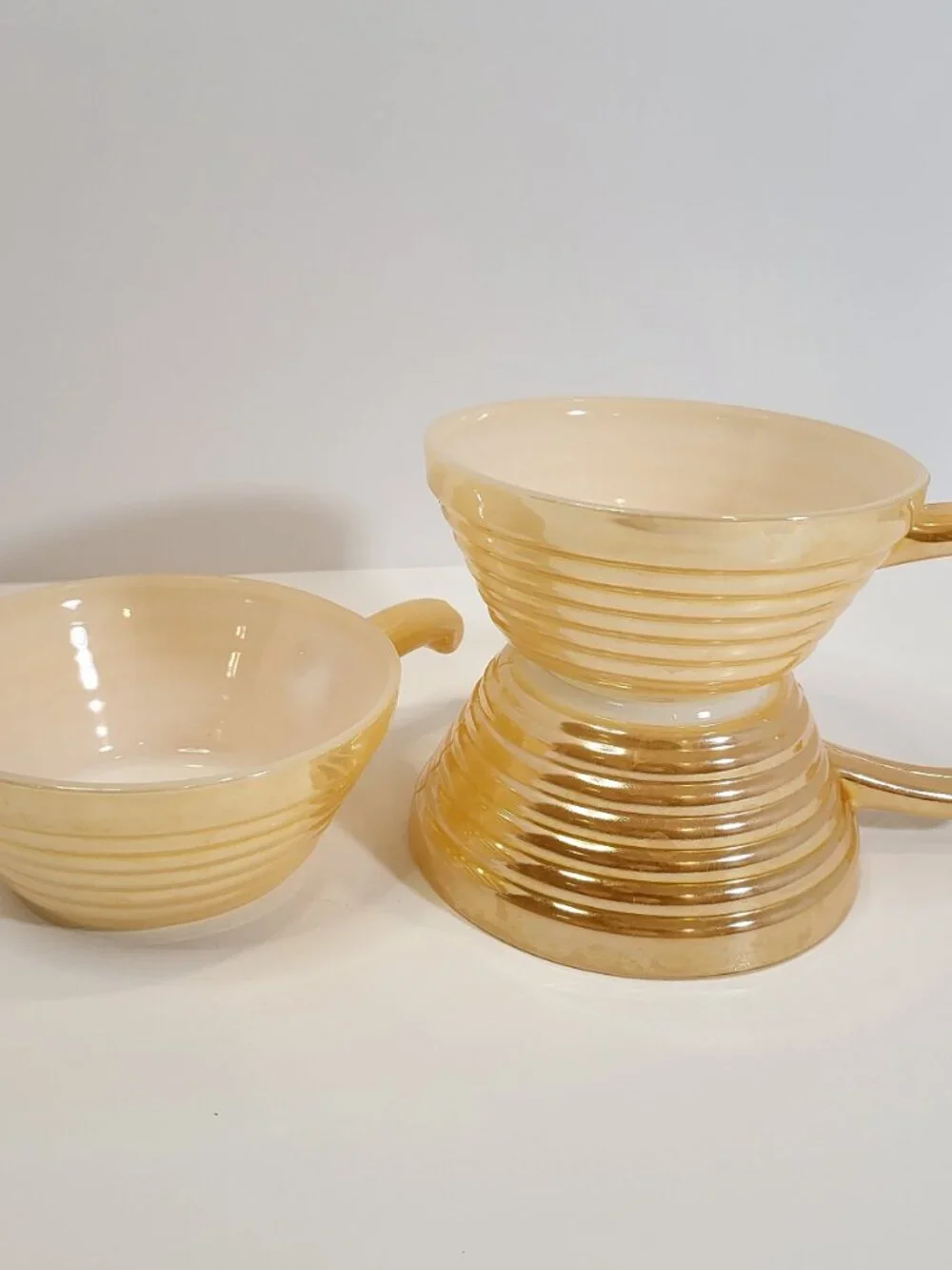 Set of 3 Vintage Fire-King Peach Luster Beehive Handled Soup Bowls